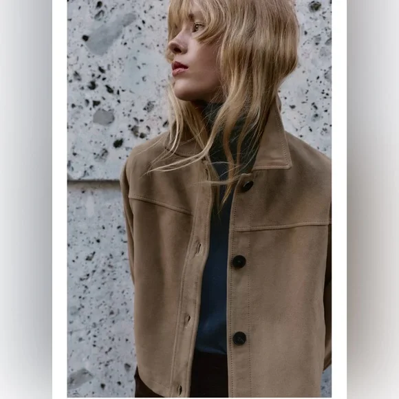 Zara New 100% Leather Suede Collar Jacket Beige NWT - Picture 3 of 14
